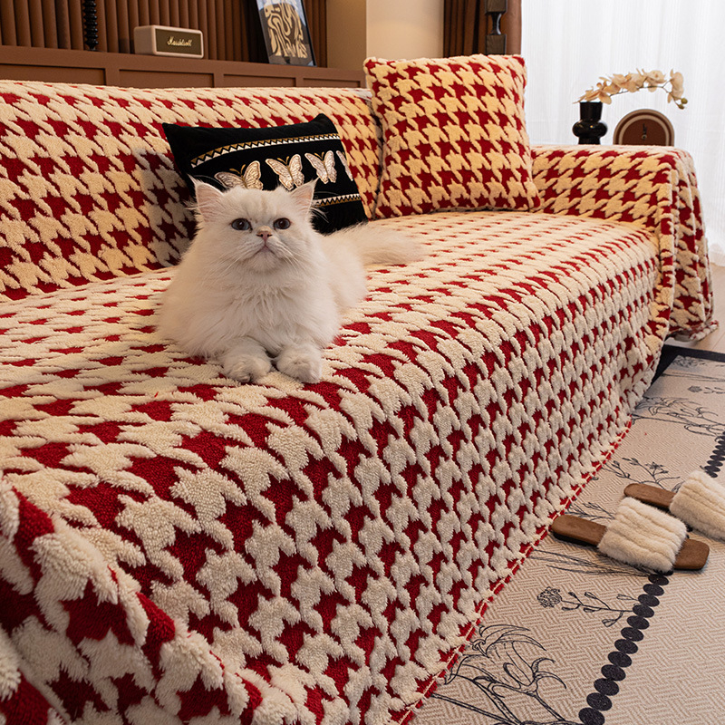 Háromüléses kanapé törölköző — Shu bársony, Houndstooth mintázat, minimalistikus modern stílus, huzat/védő takaró kanapéhoz