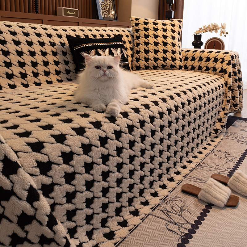 Háromüléses kanapé törölköző — Shu bársony, Houndstooth mintázat, minimalistikus modern stílus, huzat/védő takaró kanapéhoz