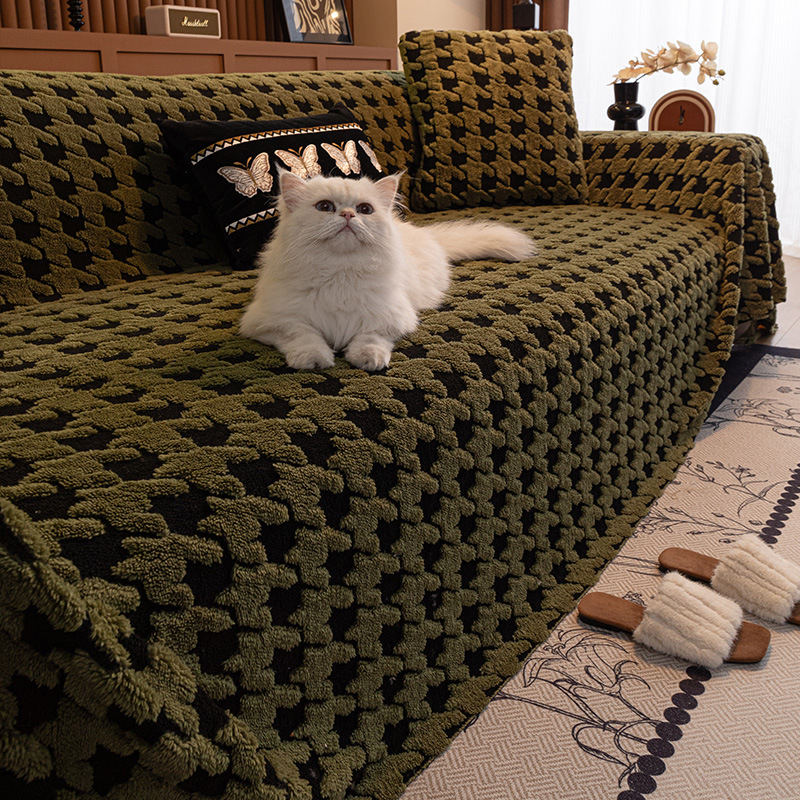 Háromüléses kanapé törölköző — Shu bársony, Houndstooth mintázat, minimalistikus modern stílus, huzat/védő takaró kanapéhoz