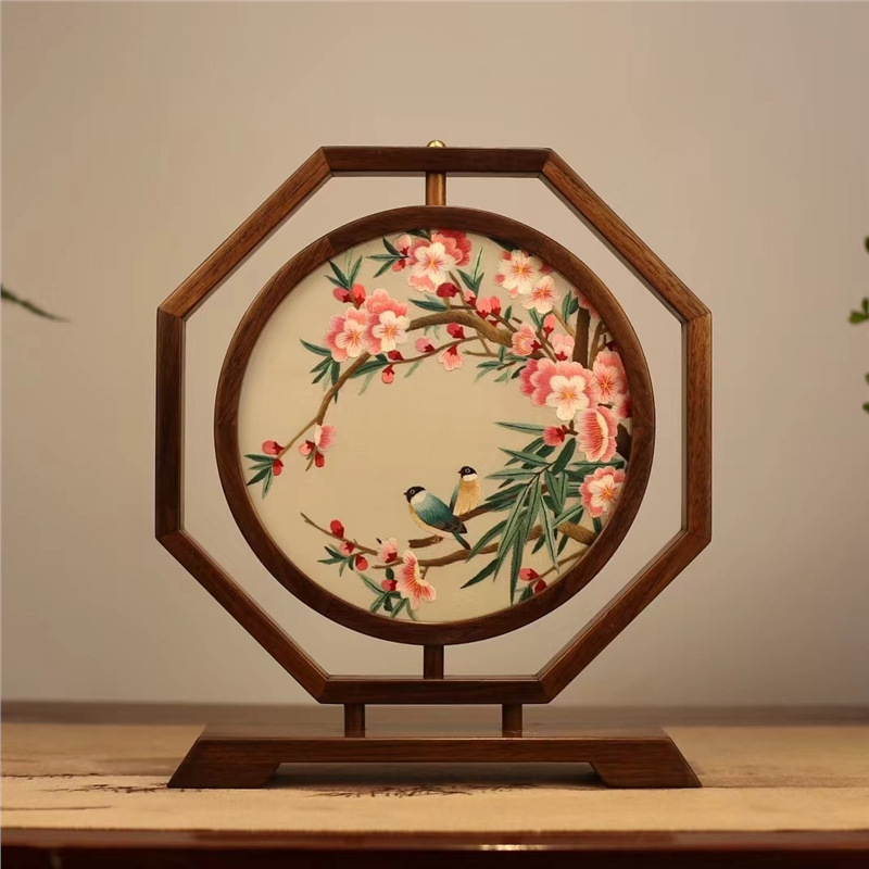 Suzhou embroidery dvostrano stolni ekran, ručna izrada, retro stil, drveni dekor, dar za novi dom
