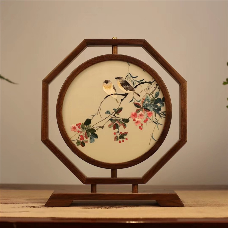 Suzhou embroidery dvostrano stolni ekran, ručna izrada, retro stil, drveni dekor, dar za novi dom