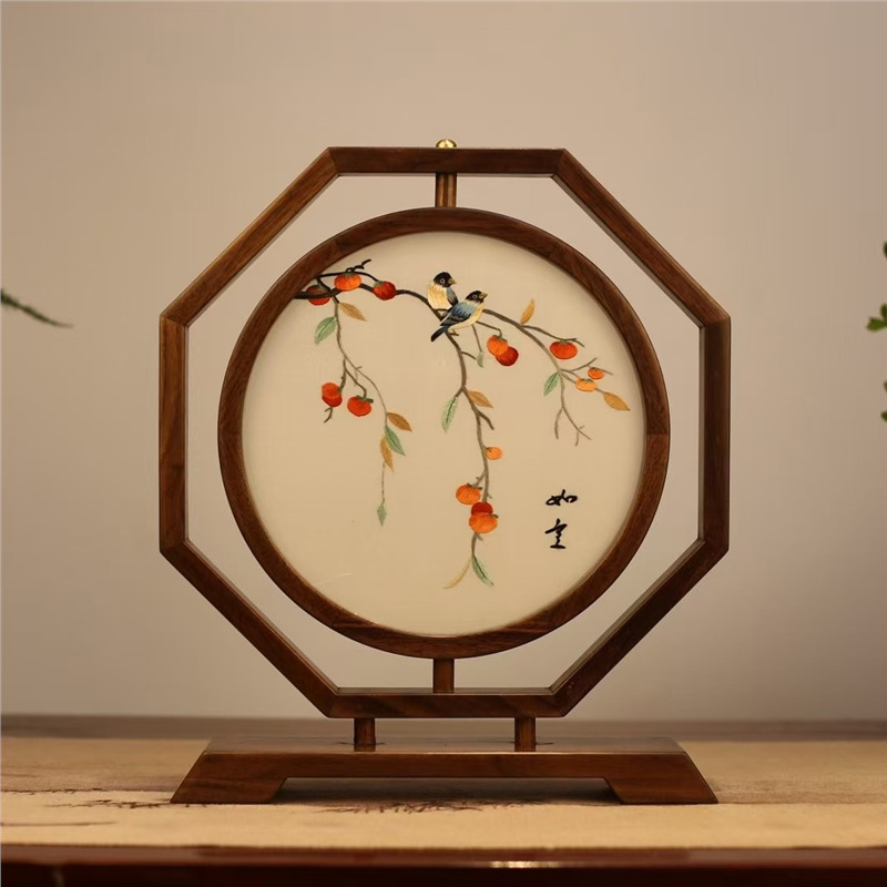 Suzhou embroidery dvostrano stolni ekran, ručna izrada, retro stil, drveni dekor, dar za novi dom