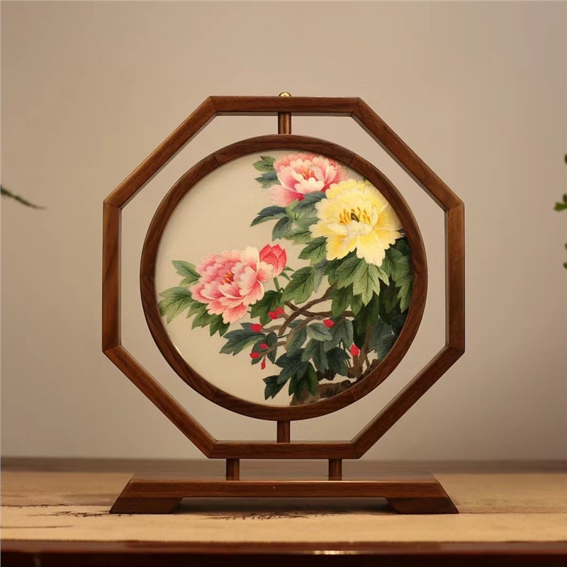 Suzhou embroidery dvostrano stolni ekran, ručna izrada, retro stil, drveni dekor, dar za novi dom