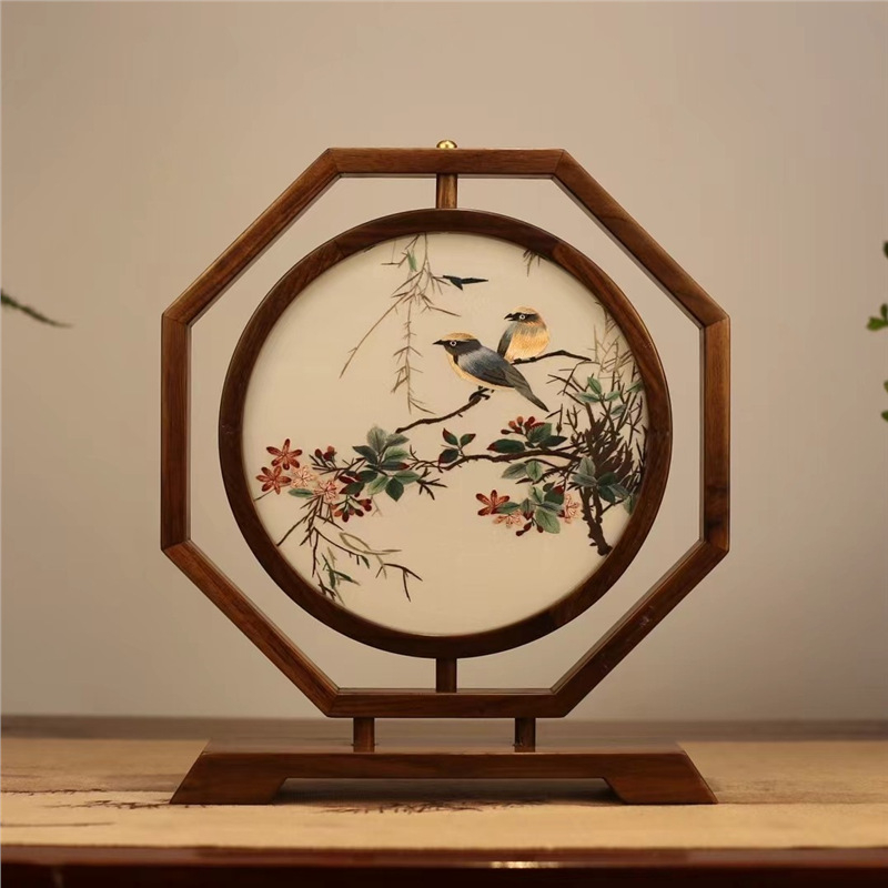 Suzhou embroidery dvostrano stolni ekran, ručna izrada, retro stil, drveni dekor, dar za novi dom