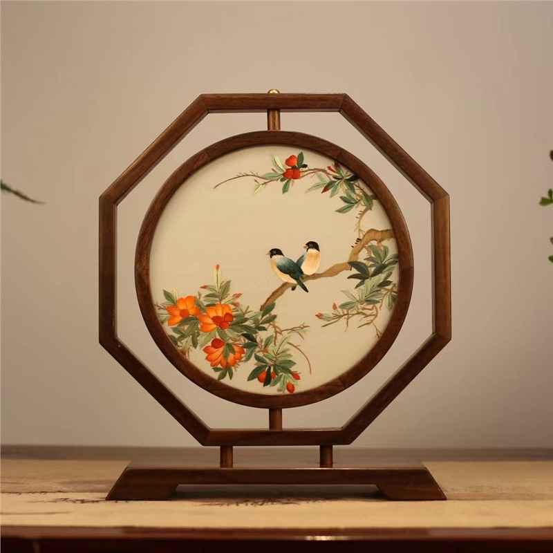 Suzhou embroidery dvostrano stolni ekran, ručna izrada, retro stil, drveni dekor, dar za novi dom
