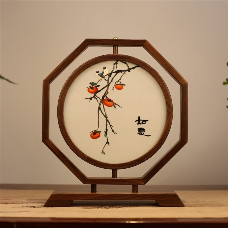 Suzhou embroidery dvostrano stolni ekran, ručna izrada, retro stil, drveni dekor, dar za novi dom
