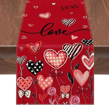 Valentin-napi asztali zászló – Szerelmes dekorációs asztali zászló, poliészter szálak, len 100%, nappali/étterem