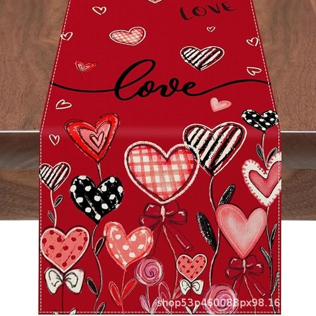 Valentin-napi asztali zászló – Szerelmes dekorációs asztali zászló, poliészter szálak, len 100%, nappali/étterem