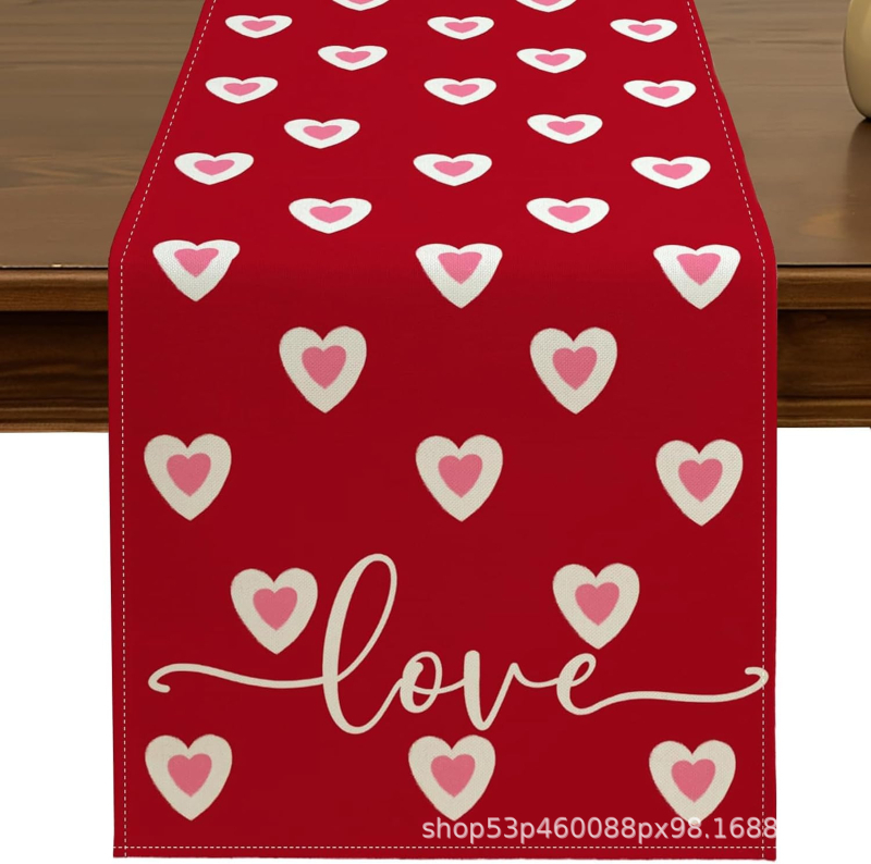 Valentin-napi asztali zászló – Szerelmes dekorációs asztali zászló, poliészter szálak, len 100%, nappali/étterem