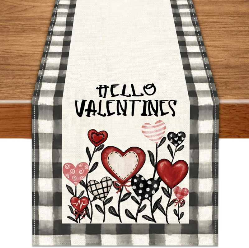 Valentin-napi asztali zászló – Szerelmes dekorációs asztali zászló, poliészter szálak, len 100%, nappali/étterem