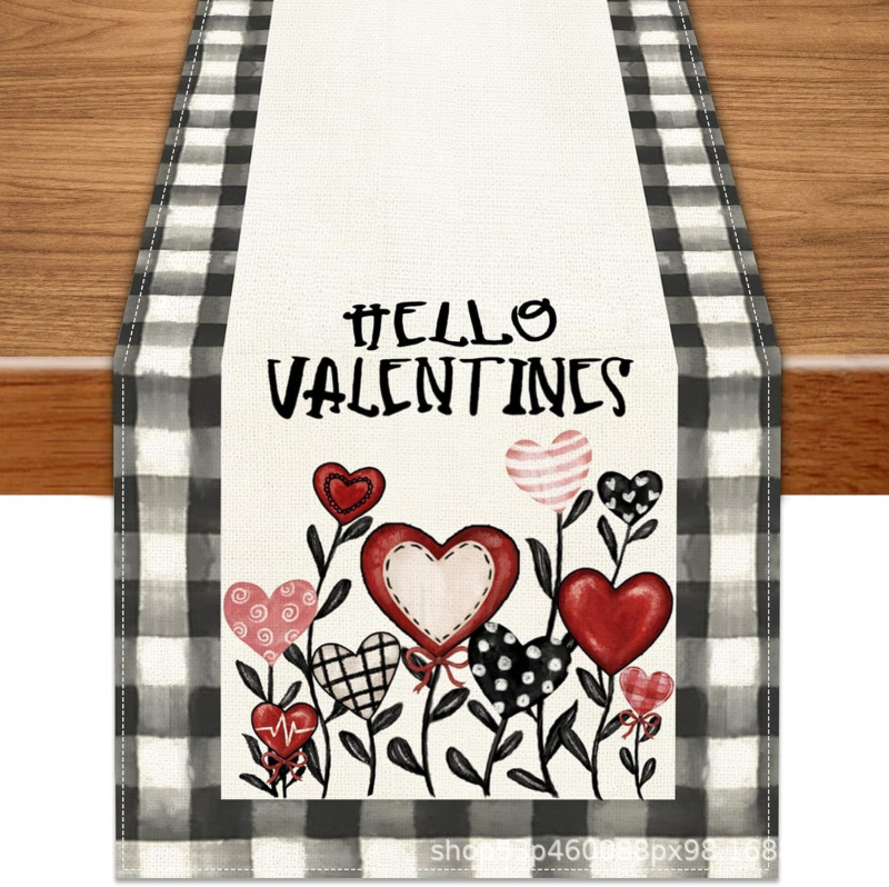 Valentin-napi asztali zászló – Szerelmes dekorációs asztali zászló, poliészter szálak, len 100%, nappali/étterem