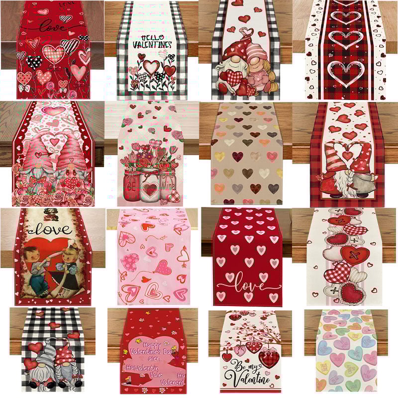 Valentin-napi asztali zászló – Szerelmes dekorációs asztali zászló, poliészter szálak, len 100%, nappali/étterem