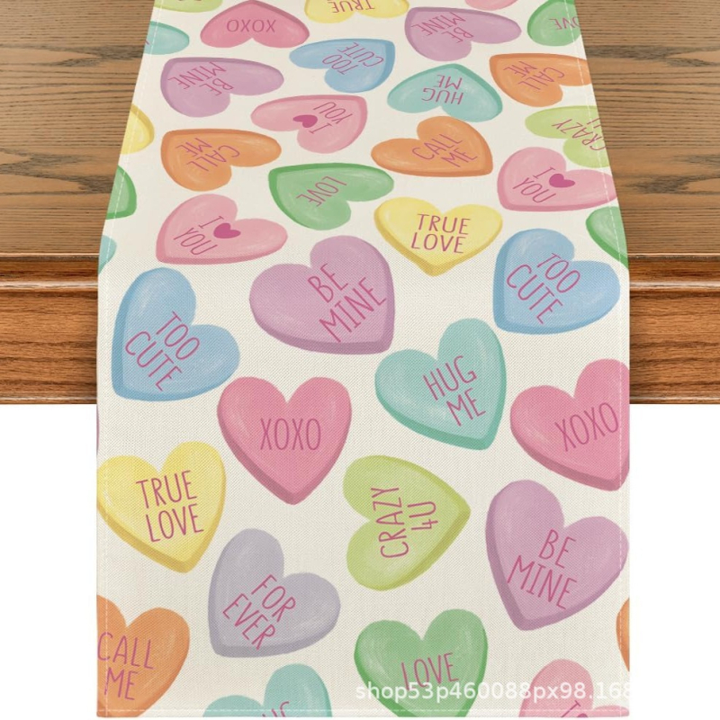 Valentin-napi asztali zászló – Szerelmes dekorációs asztali zászló, poliészter szálak, len 100%, nappali/étterem