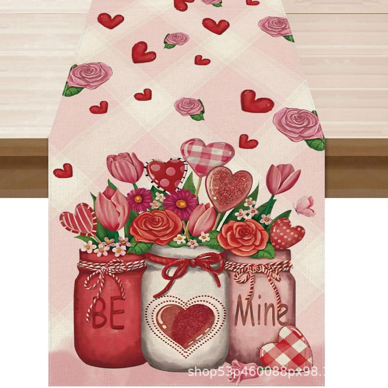 Valentin-napi asztali zászló – Szerelmes dekorációs asztali zászló, poliészter szálak, len 100%, nappali/étterem