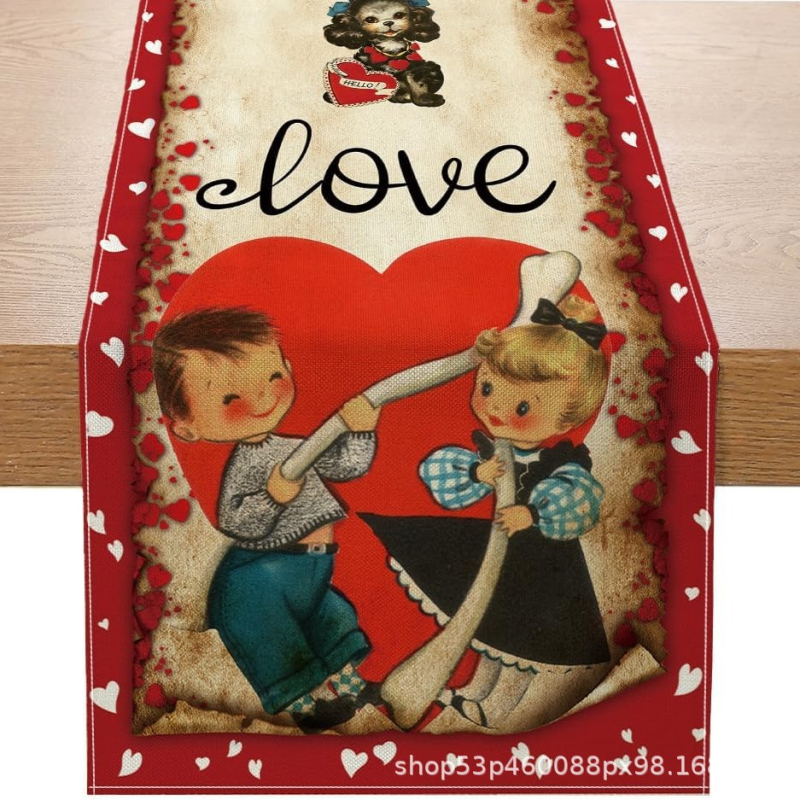 Valentin-napi asztali zászló – Szerelmes dekorációs asztali zászló, poliészter szálak, len 100%, nappali/étterem