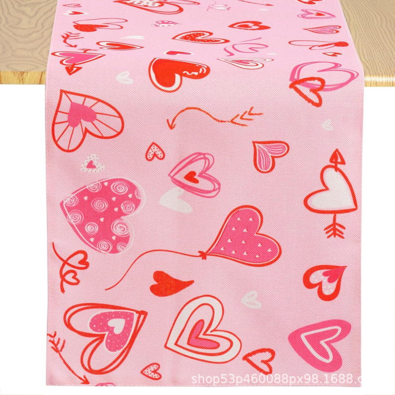 Valentin-napi asztali zászló – Szerelmes dekorációs asztali zászló, poliészter szálak, len 100%, nappali/étterem