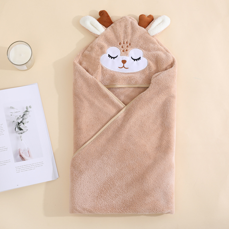 Dječja krpa za kupanje s kapuljačom i izvezenim karikaturama, coral fleece, 170–200 g, 150D pređa, prilagodljiva, postupak proizvodnje: vez, obrub, obična tkanina