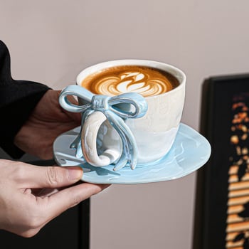 Kohvitassi ja alus taldrikut komplekt lipsu sõlmega, keraamiline disain, Põhjamaine stiil, 700 g, pakkimine paberkastiga, kohandatav