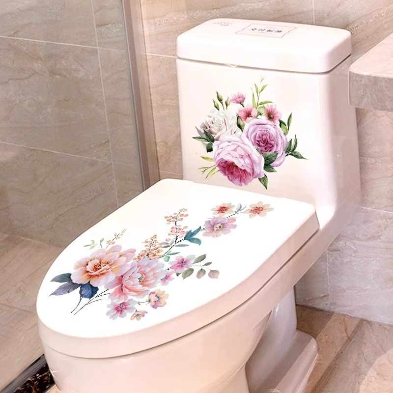 Tualeto lipdukas su gėlių motyvu, PVC medžiaga, tinkamas vonios kambariui