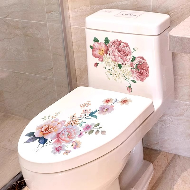 Tualeto lipdukas su gėlių motyvu, PVC medžiaga, tinkamas vonios kambariui