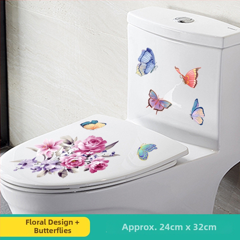 Tualeto lipdukas su gėlių motyvu, PVC medžiaga, tinkamas vonios kambariui