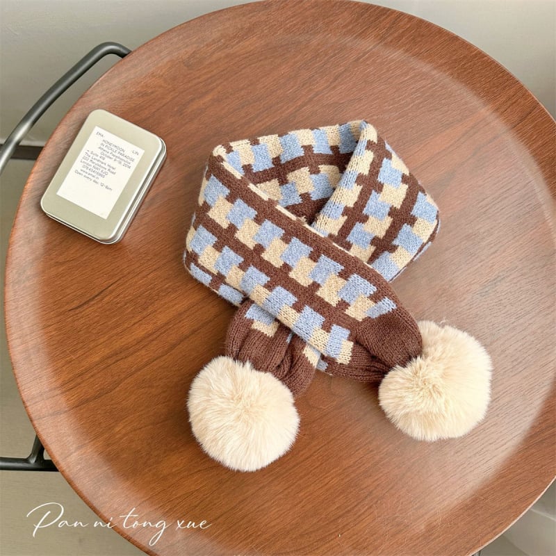 Vaikų vilnos šalikas Korejos stiliaus su spalvotų kvadratėlių piešiniu, stačiakampio formos, žiemai šiltas ir vėją atlaikantis