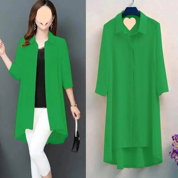 Moteriška šifono palaidinė vidutinio ilgio, naujas 2025 m. vasaros modelis, plona, plius dydžio, laisva, trijų ketvirčių rankovėmis, tinka vidutinio amžiaus mamoms.