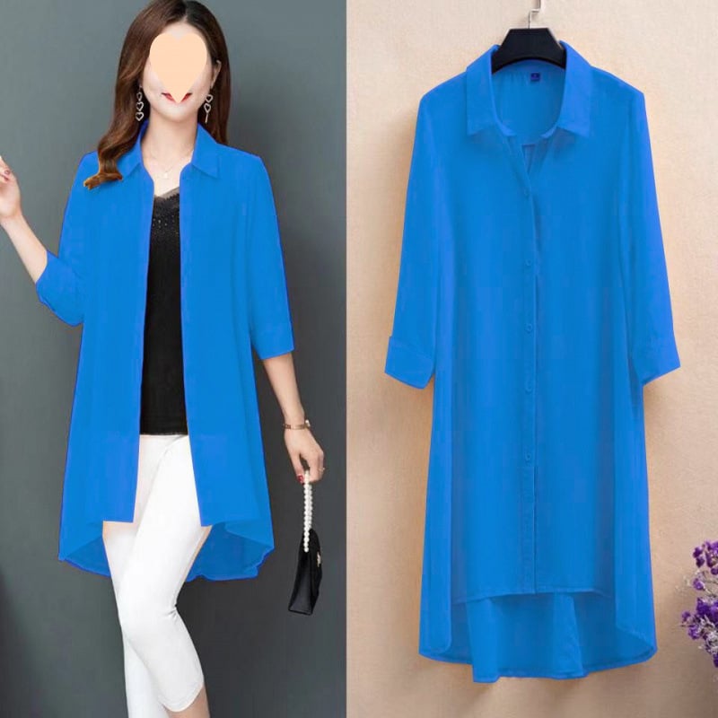 Moteriška šifono palaidinė vidutinio ilgio, naujas 2025 m. vasaros modelis, plona, plius dydžio, laisva, trijų ketvirčių rankovėmis, tinka vidutinio amžiaus mamoms.