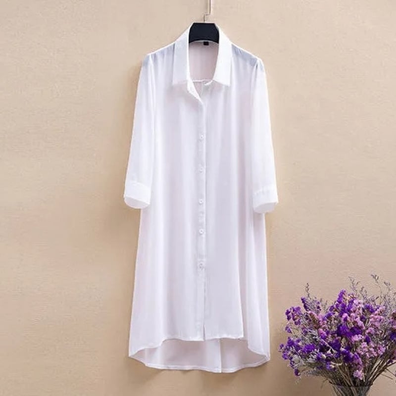 Moteriška šifono palaidinė vidutinio ilgio, naujas 2025 m. vasaros modelis, plona, plius dydžio, laisva, trijų ketvirčių rankovėmis, tinka vidutinio amžiaus mamoms.