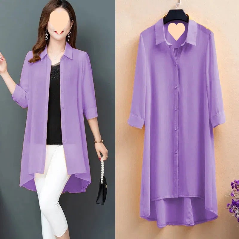 Moteriška šifono palaidinė vidutinio ilgio, naujas 2025 m. vasaros modelis, plona, plius dydžio, laisva, trijų ketvirčių rankovėmis, tinka vidutinio amžiaus mamoms.