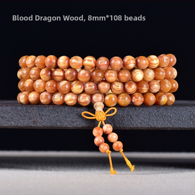Náramok s 108 korálikmi v čínskom štýle z Blood Dragon Wood s jantárovými vsadkami