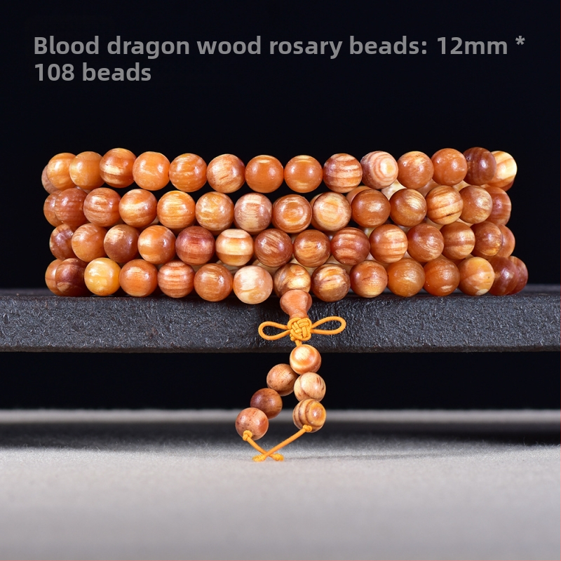 Náramok s 108 korálikmi v čínskom štýle z Blood Dragon Wood s jantárovými vsadkami