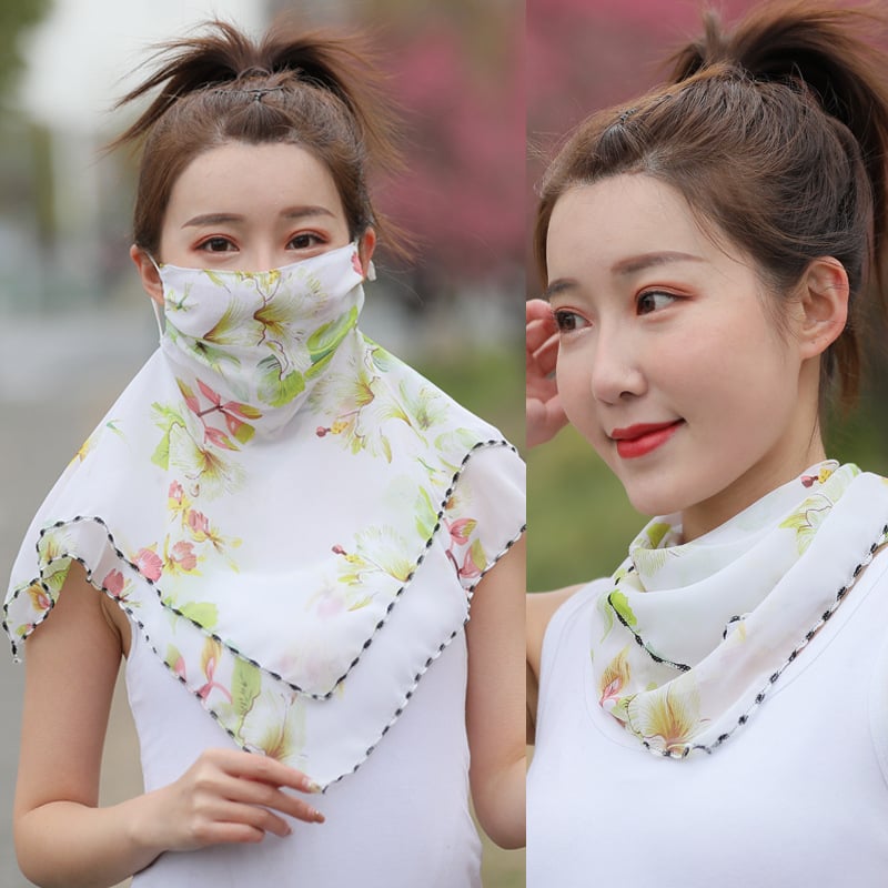 Napvédő sál teljes arcot fedő, virágmintás chiffon, nyomtatott dizájn, fülhorgos maszk, porvédő, nőknek, tavasz-nyár-ősz