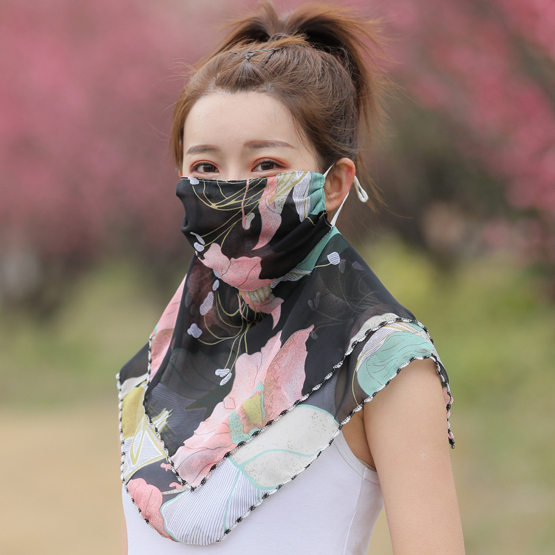 Napvédő sál teljes arcot fedő, virágmintás chiffon, nyomtatott dizájn, fülhorgos maszk, porvédő, nőknek, tavasz-nyár-ősz