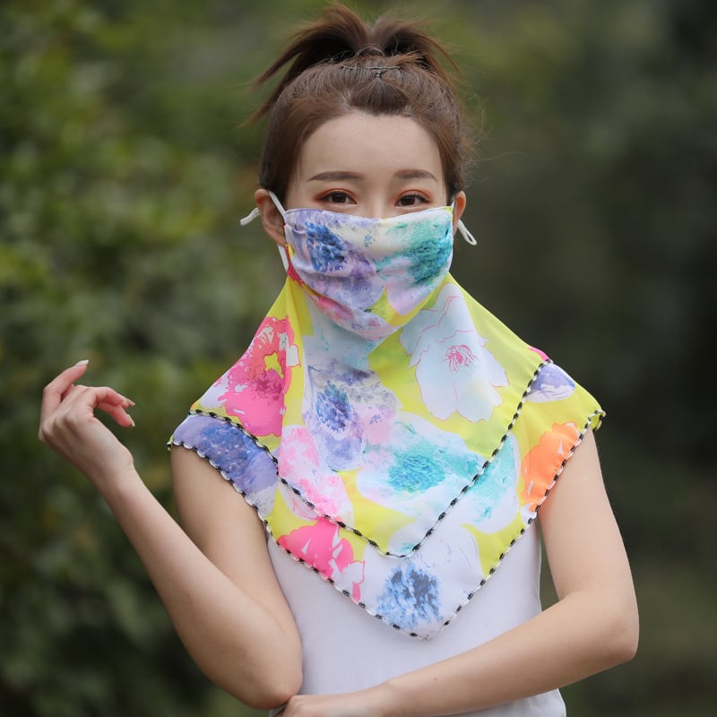 Napvédő sál teljes arcot fedő, virágmintás chiffon, nyomtatott dizájn, fülhorgos maszk, porvédő, nőknek, tavasz-nyár-ősz