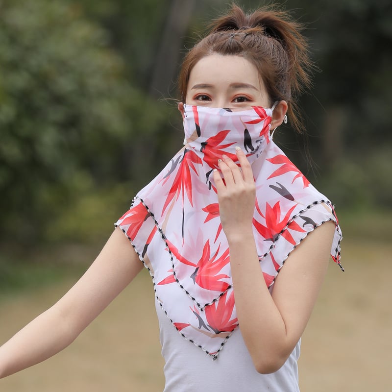 Napvédő sál teljes arcot fedő, virágmintás chiffon, nyomtatott dizájn, fülhorgos maszk, porvédő, nőknek, tavasz-nyár-ősz