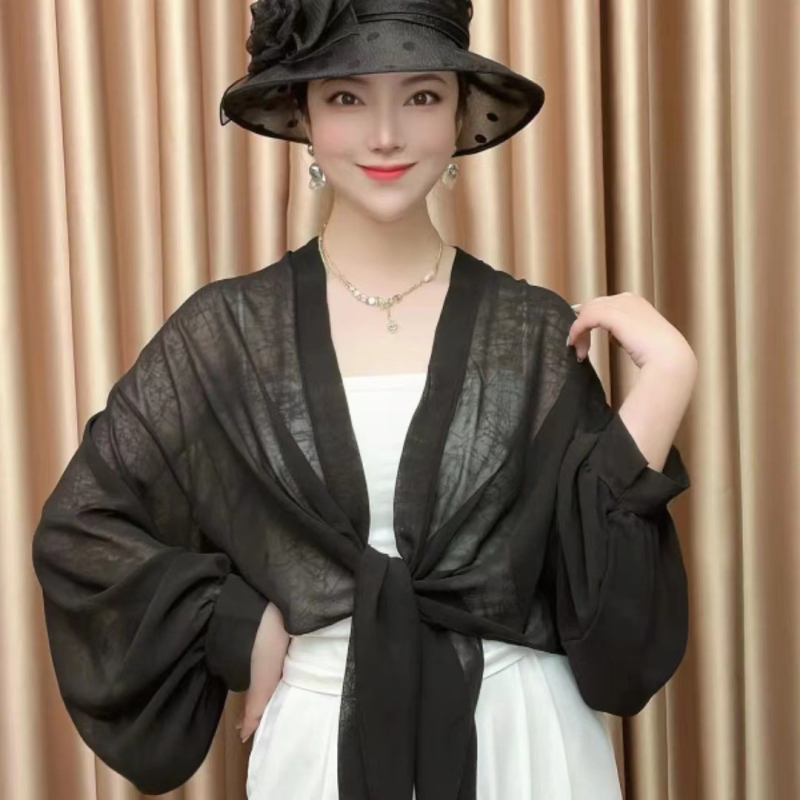 Šifono kardiganas, laisvas kirpimo, kvėpuojantis, UV apsauga, saulės skydas lauko naudojimui, poliesterio šifonas