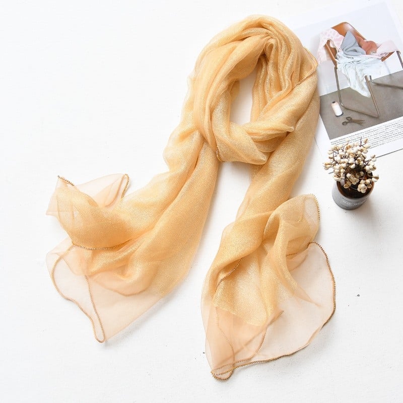 Hosszú selyemsál organza élével és gyémánt szegéllyel, dupla rétegű selyemkeverék sál, warp-tűzés, Hangzhou eredet, őszi viselet, Puchang könnyű luxus stílus