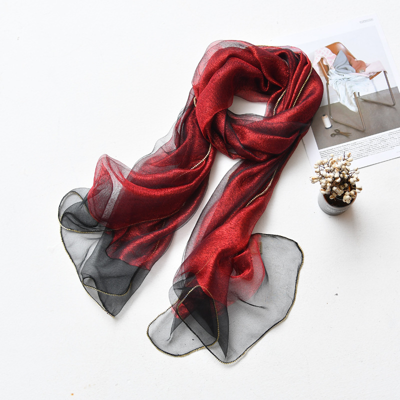 Hosszú selyemsál organza élével és gyémánt szegéllyel, dupla rétegű selyemkeverék sál, warp-tűzés, Hangzhou eredet, őszi viselet, Puchang könnyű luxus stílus