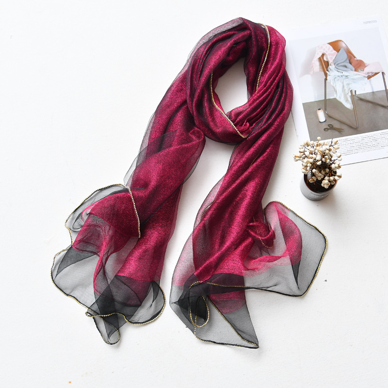 Hosszú selyemsál organza élével és gyémánt szegéllyel, dupla rétegű selyemkeverék sál, warp-tűzés, Hangzhou eredet, őszi viselet, Puchang könnyű luxus stílus