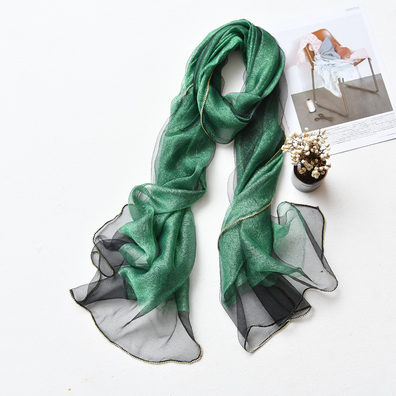 Hosszú selyemsál organza élével és gyémánt szegéllyel, dupla rétegű selyemkeverék sál, warp-tűzés, Hangzhou eredet, őszi viselet, Puchang könnyű luxus stílus