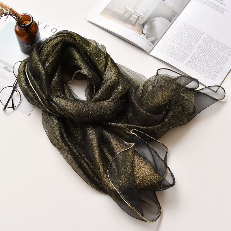 Hosszú selyemsál organza élével és gyémánt szegéllyel, dupla rétegű selyemkeverék sál, warp-tűzés, Hangzhou eredet, őszi viselet, Puchang könnyű luxus stílus