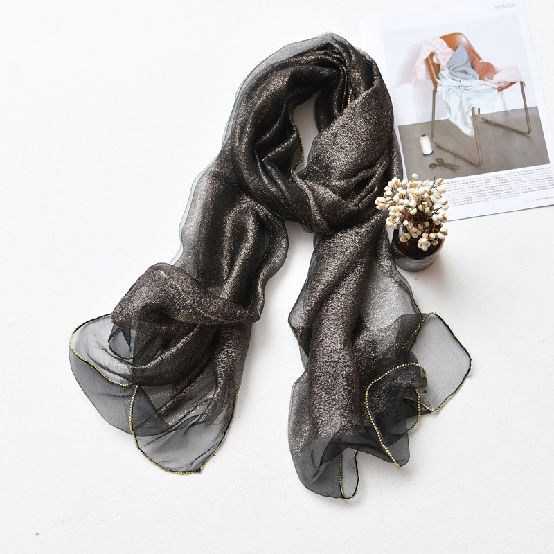 Hosszú selyemsál organza élével és gyémánt szegéllyel, dupla rétegű selyemkeverék sál, warp-tűzés, Hangzhou eredet, őszi viselet, Puchang könnyű luxus stílus