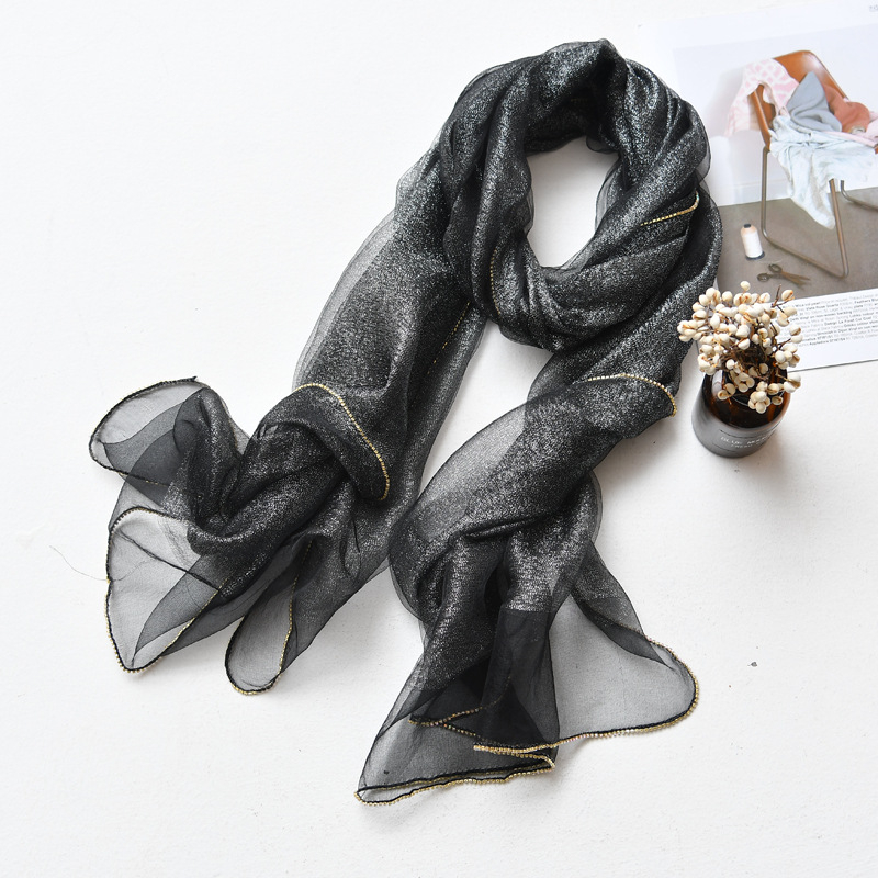 Hosszú selyemsál organza élével és gyémánt szegéllyel, dupla rétegű selyemkeverék sál, warp-tűzés, Hangzhou eredet, őszi viselet, Puchang könnyű luxus stílus