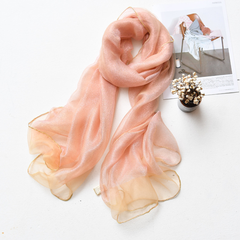 Hosszú selyemsál organza élével és gyémánt szegéllyel, dupla rétegű selyemkeverék sál, warp-tűzés, Hangzhou eredet, őszi viselet, Puchang könnyű luxus stílus