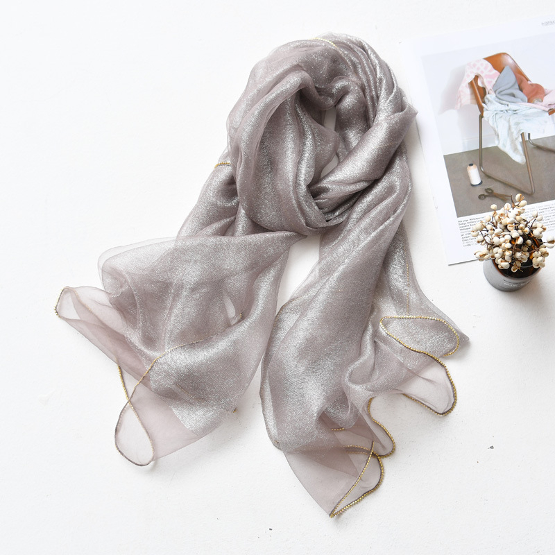 Hosszú selyemsál organza élével és gyémánt szegéllyel, dupla rétegű selyemkeverék sál, warp-tűzés, Hangzhou eredet, őszi viselet, Puchang könnyű luxus stílus