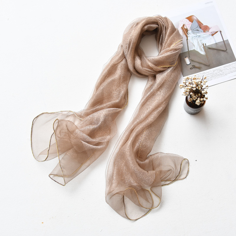 Hosszú selyemsál organza élével és gyémánt szegéllyel, dupla rétegű selyemkeverék sál, warp-tűzés, Hangzhou eredet, őszi viselet, Puchang könnyű luxus stílus