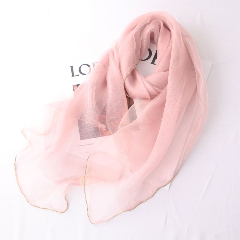 Hosszú selyemsál organza élével és gyémánt szegéllyel, dupla rétegű selyemkeverék sál, warp-tűzés, Hangzhou eredet, őszi viselet, Puchang könnyű luxus stílus