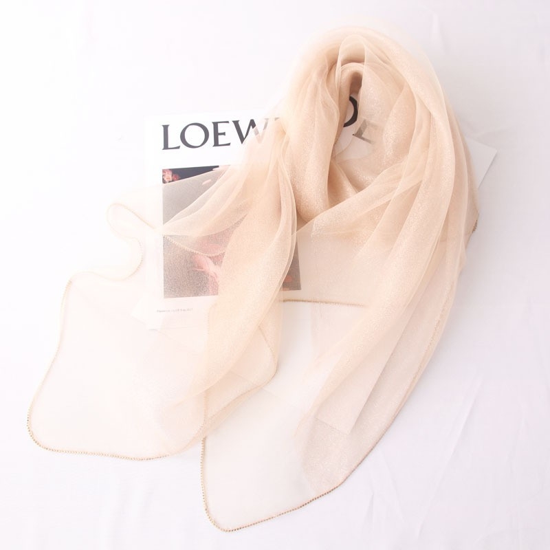 Hosszú selyemsál organza élével és gyémánt szegéllyel, dupla rétegű selyemkeverék sál, warp-tűzés, Hangzhou eredet, őszi viselet, Puchang könnyű luxus stílus