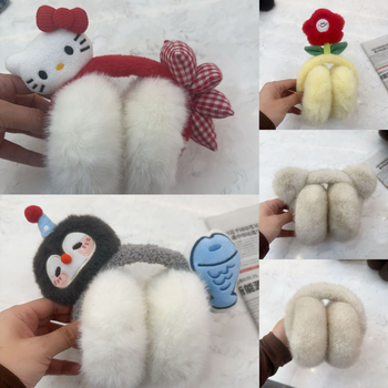 Plüüsist kõrvakaitsed karikatuuristiiliga, monokromaatne muster, talvise soojus